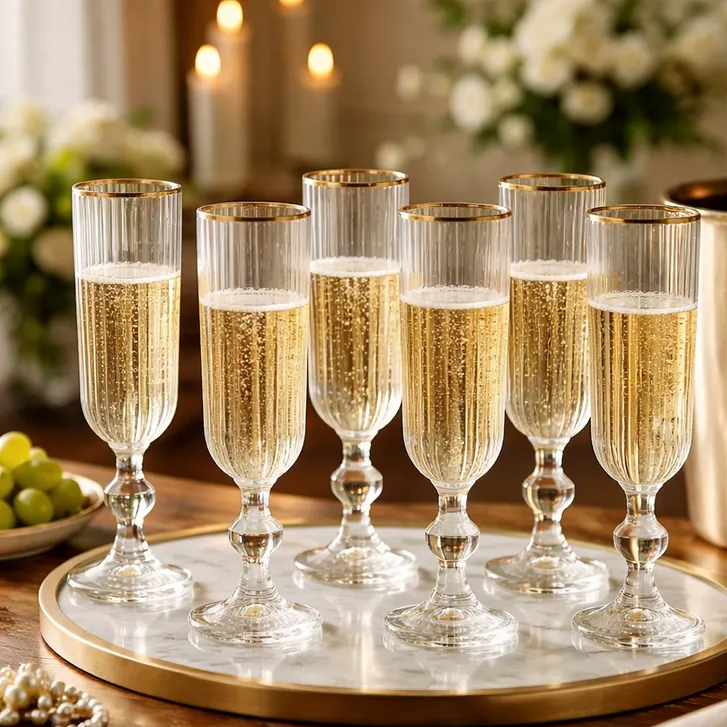 Jogo 6 Taças Champagne 170ml Vidro Gold Luxo Versalhes Elegante Festa Presente