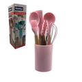 Kit Utensílios de Cozinha Silicone com Cabo de Madeira 8 Peças