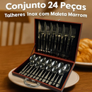 Conjunto Talheres Inox 24 Peças Maleta Marrom Prático Durável Organizador Completo