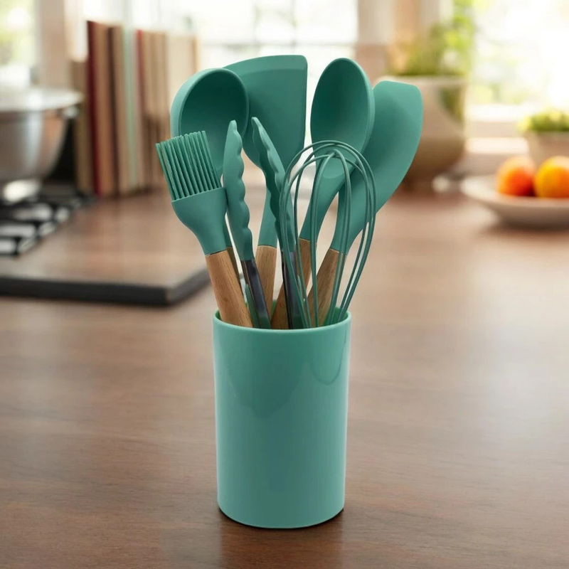 Conjunto Utensílios Cozinha 8 Peças Silicone Faca Colher Concha Espátula Pegador