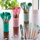 Conjunto Utensílios Cozinha 8 Peças Silicone Faca Colher Concha Espátula Pegador