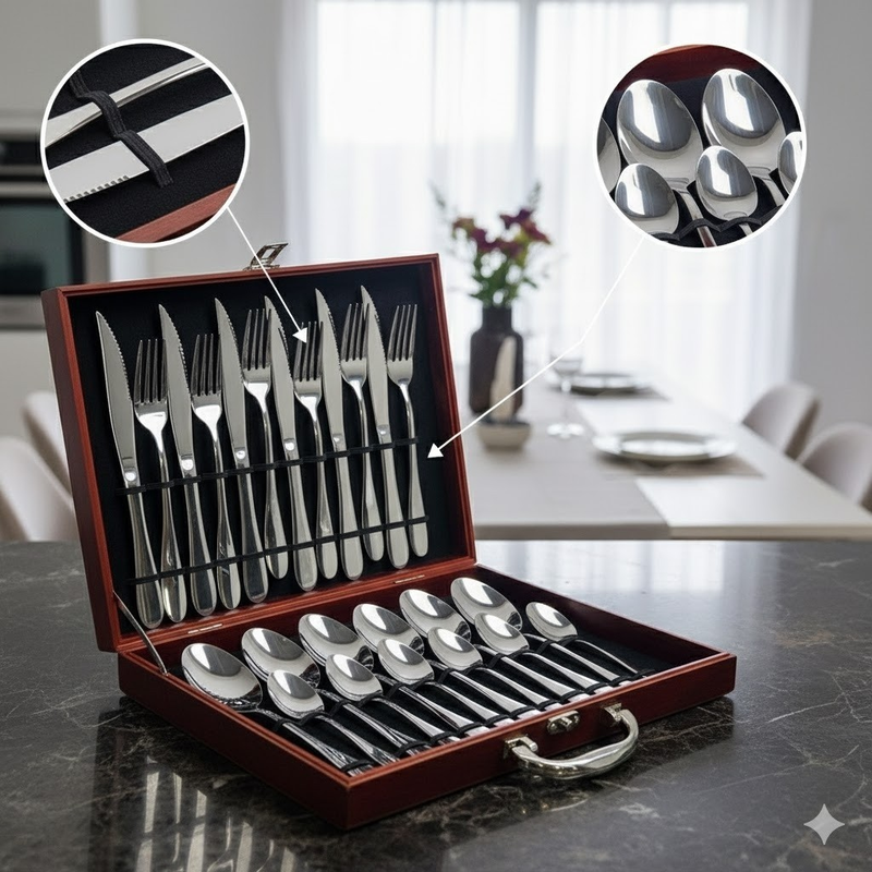 Conjunto Talheres Inox 24 Peças Maleta Marrom Prático Durável Organizador Completo