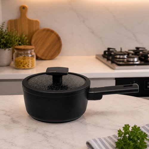 Panela com Tampa de Vidro Revestimento Cerâmico 16cm - Preta